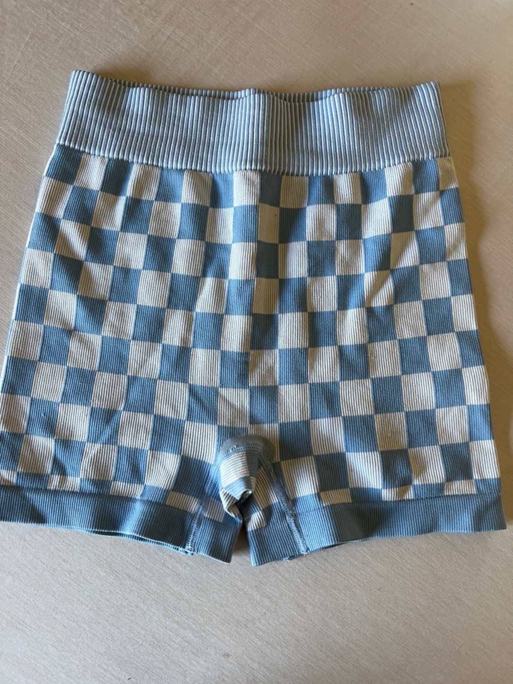 High-Waist Checker Knit Shorts - Blue & Cream